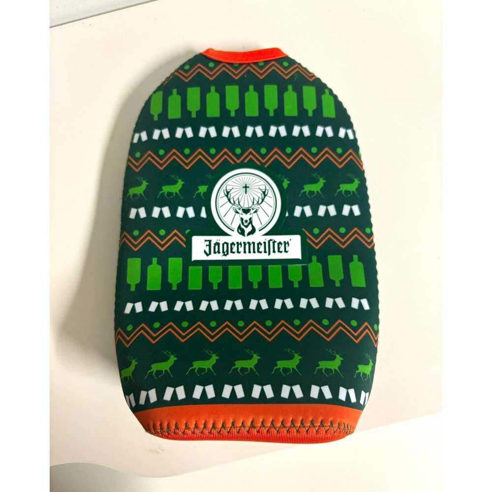 Jagermeister Bottle Cooler Zip Sleeve Holiday Theme Ugly Sweater 750ml Green